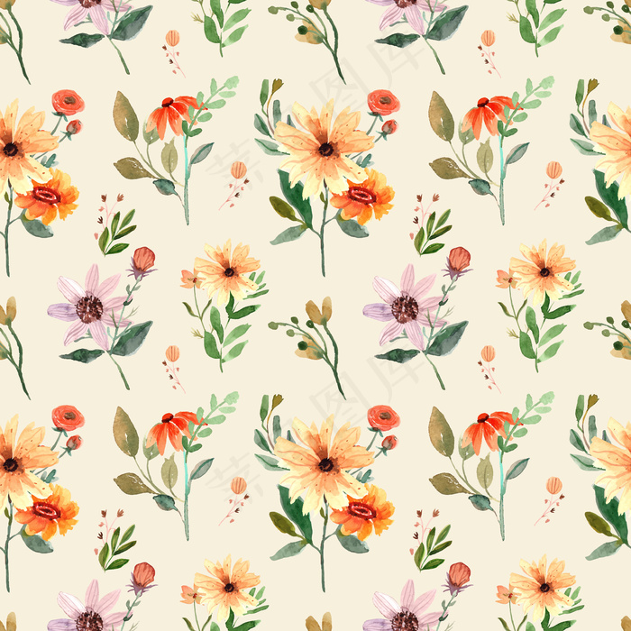 无缝水彩图案与橙色野花和树叶