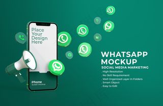 带有手机屏幕模型样机和扩音器的3d whatsapp图标