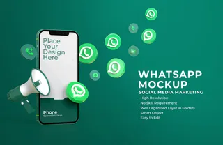 带有手机屏幕模型样机和扩音器的3d whatsapp图标