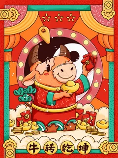 牛年插画 牛年海报 新春海报