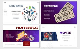 等轴测电影院网站设置电影摄影机hromakey电影带导演椅子扩音器隔板放映机电影卷票苏打爆米花