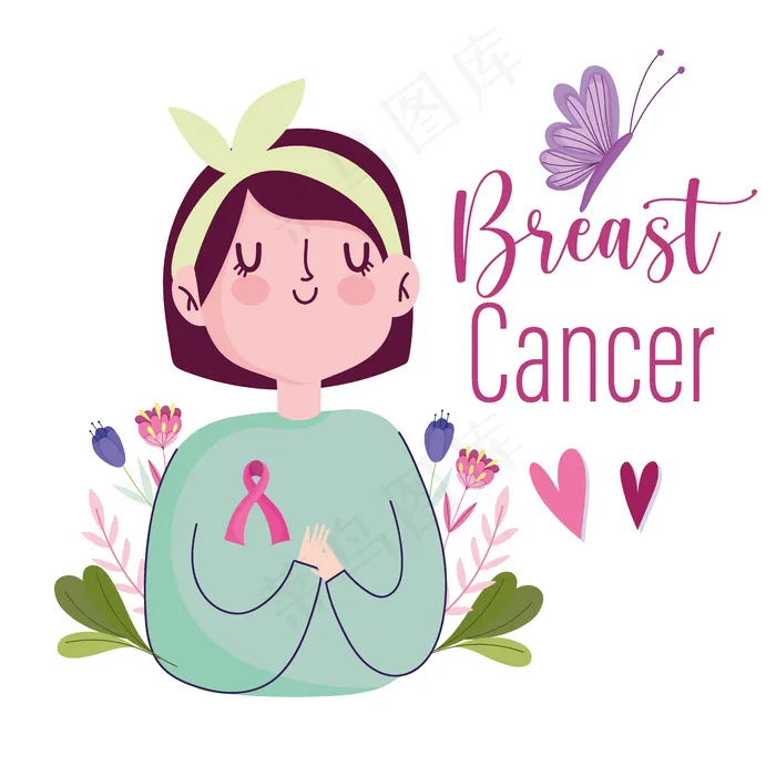乳腺癌年轻卡通女子蝴蝶心丝带插画eps,ai矢量模版下载