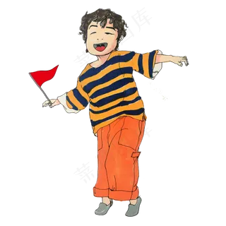 国庆节拿红旗的男孩手绘PNG免抠