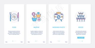 婚礼庆典宴会。用户界面，用户体验车载手机app移动应用程序app集杯香槟饮料，甜点和餐厅食品，拍摄婚礼相册