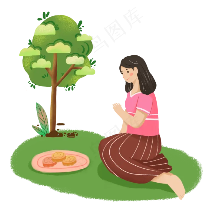 中秋节女孩草地吃月饼素材(2000X2000(DPI:300))psd模版下载