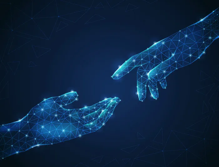 两个发光的多边形线框人的手互相伸展eps,ai矢量模版下载