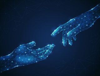 两个发光的多边形线框人的手互相伸展