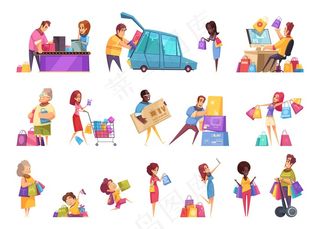 购物狂图标收集孤立的卡通风格的形象和人的性格与商品