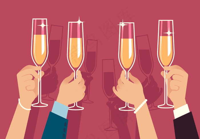 手拿香槟酒杯。人们用酒精饮料庆祝公司圣诞晚会周年纪念活动宴会聚会庆祝概念