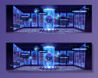 矢量信息图形背景，带有未来数据中心房间的卡通内部，带有服务器硬件和处理器全息图。大数据技术概念、云信息库