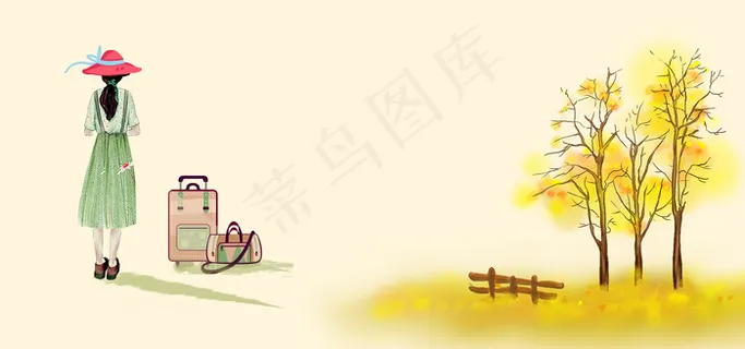 暖色卡通文艺手绘行李箱出游季banner 暖色卡通文艺手绘行李箱出游季banner
