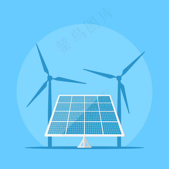 太阳能电池板图片，背景为风力涡轮机轮廓，太阳能概念