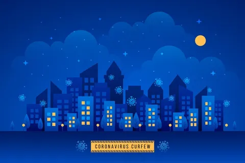 夜间城市冠状病毒宵禁概念图 夜间城市冠状病毒宵禁概念图
