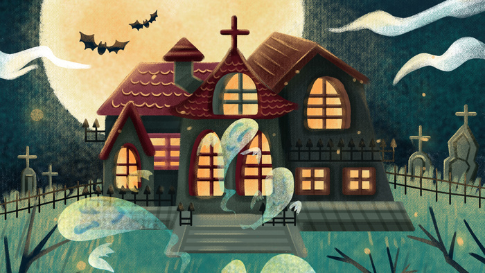 万圣节城堡幽灵精灵圆月墓地蜘蛛(2880*1620px 300 dpi )psd模版下载