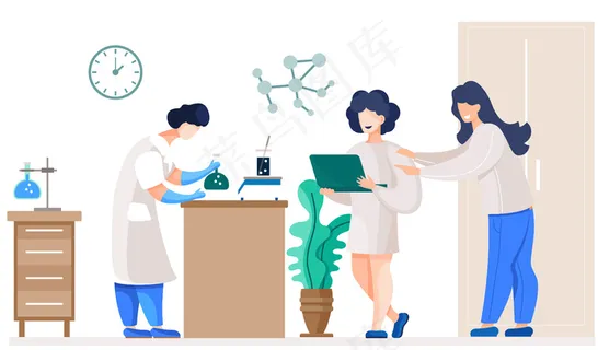 他们实验室的专业化学家在桌子上做不同的实验。