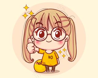 年轻女孩竖起大拇指标志卡通套装插图高级矢量