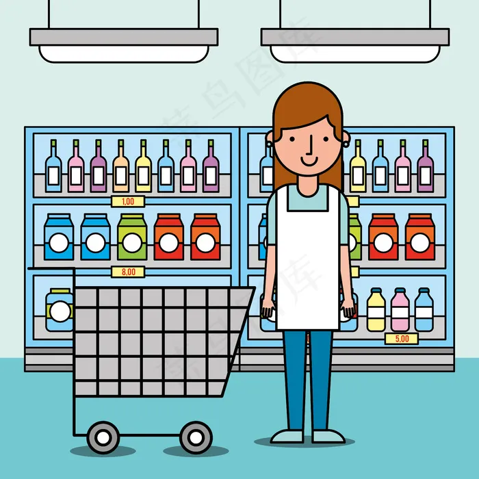 有购物车和食品货架的女工超市eps,ai矢量模版下载