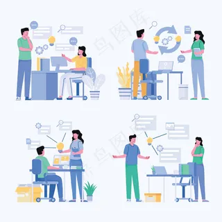 两位年轻的商业人士集思广益，为创意和创造计划，为目标工作，等距插图