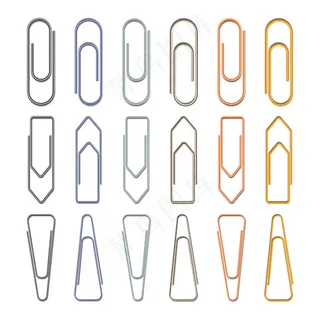 白色背景上的一套不同的金属回形针