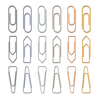 白色背景上的一套不同的金属回形针