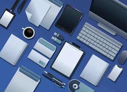 蓝色背景插图中的品牌元素束图案