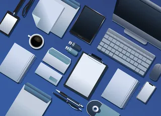 蓝色背景插图中的品牌元素束图案