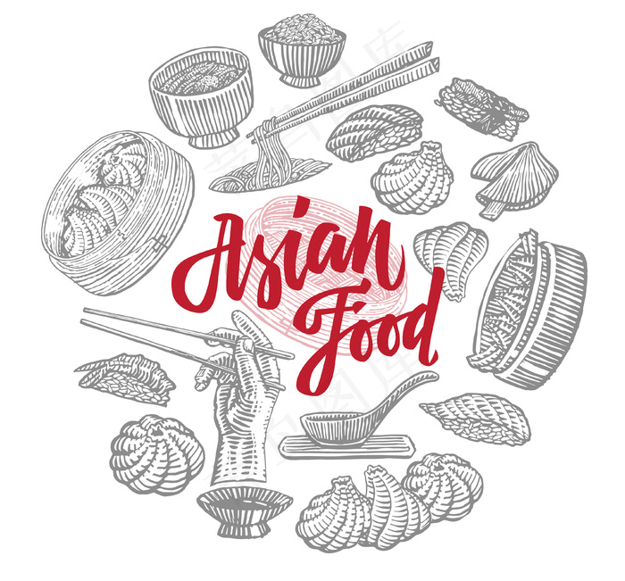 略图亚洲食物元素圆组成