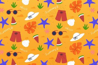 热带夏季图案背景，带水果和甜点