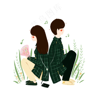 七夕情人节绿色系情侣背靠背听音