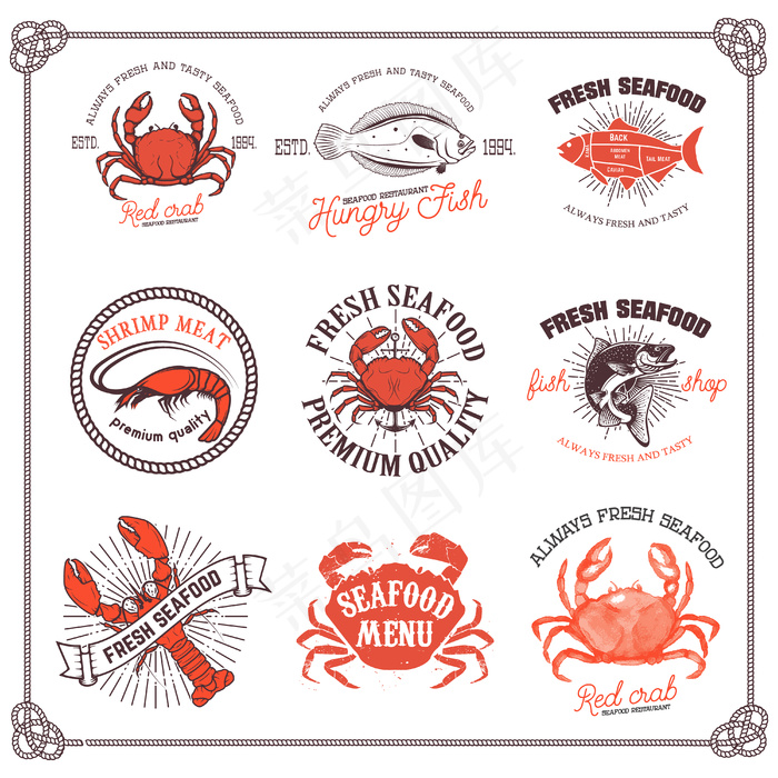白色背景上隔离的一套海鲜标签。设计元素的标志，标签，徽章，标志，菜单，海报。