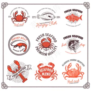 白色背景上隔离的一套海鲜标签。设计元素的标志，标签，徽章，标志，菜单，海报。