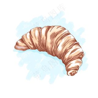 蓝色抽象背景上的羊角面包。甜点和糖果。粗略的手绘食物。