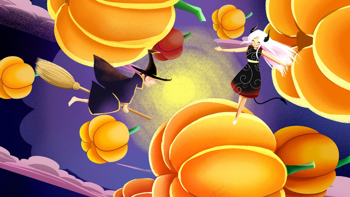 卡通手绘风缤纷色彩万圣节南瓜配图(2880*1620px 300 dpi )psd模版下载