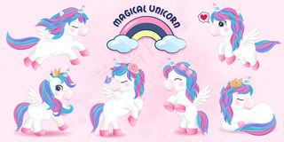 可爱的涂鸦独角兽与水彩插图集