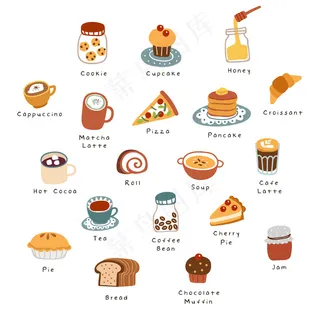 手绘咖啡、糖果和糕点