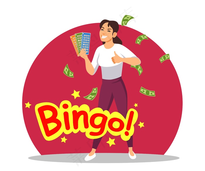 微笑的幸运女子手持中奖彩票中奖宾果牌