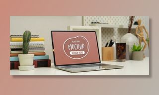 白色桌子上有笔记本电脑、书籍、文具和装饰品的工作场所剪影