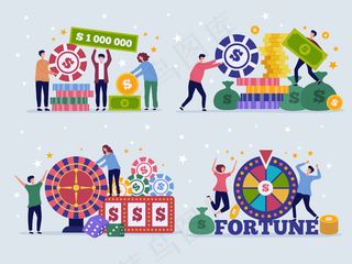 赌场彩票概念。角色幸运的游戏玩家宾果头奖扑克玩赌博*彩票胜利奖品矢量平。赌博赌场和轮盘赌中的头奖，中彩票插图