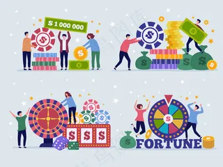 赌场彩票概念。角色幸运的游戏玩家宾果头奖扑克玩赌博*彩票胜利奖品矢量平。赌博赌场和轮盘赌中的头奖，中彩票插图