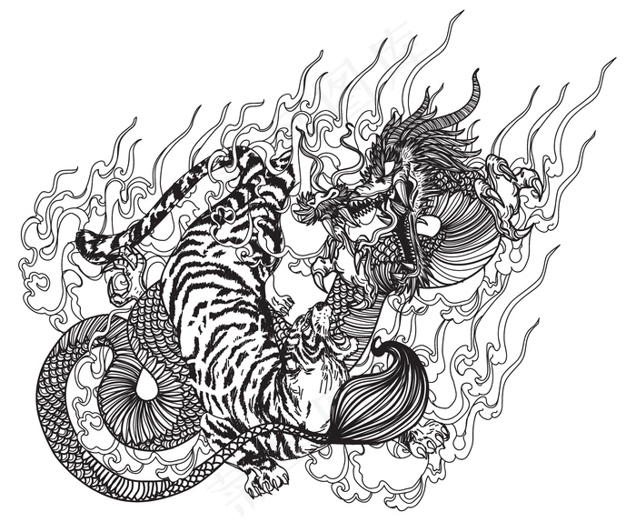 纹身艺术龙虎手绘素描黑白eps,ai矢量模版下载