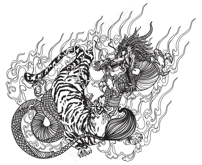 纹身艺术龙虎手绘素描黑白eps,ai矢量模版下载