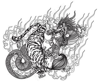 纹身艺术龙虎手绘素描黑白