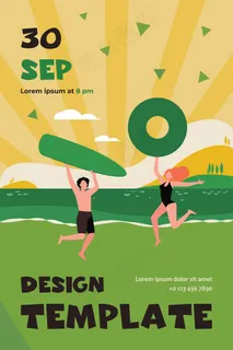 享受夏日沙滩活动的快乐夫妻。男子和女子与冲浪板和救生圈在海上平面宣传单,DM传单模板