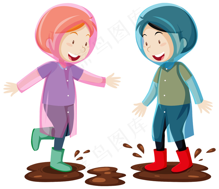 两个穿着雨衣的孩子穿着卡通风格的泥巴在白色的地面上跳来跳去eps,ai矢量模版下载