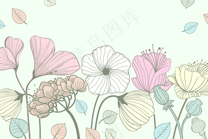 花卉背景与手绘花卉和树叶eps,ai矢量模版下载