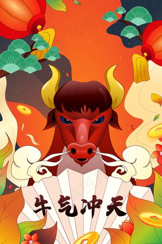 2021牛年新年国潮红牛拿扇子红红火火