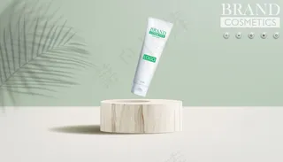 在木讲台上的化妆品有绿色背景