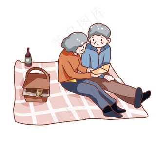 手绘卡通重阳节老夫妻户外野餐