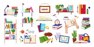 阅读书籍，教育和图书馆理念，白色插图集。百科全书，教科书图标，一堆书，手拿笔记本。学习和知识。