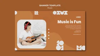 男孩演奏四弦琴，戴着耳机